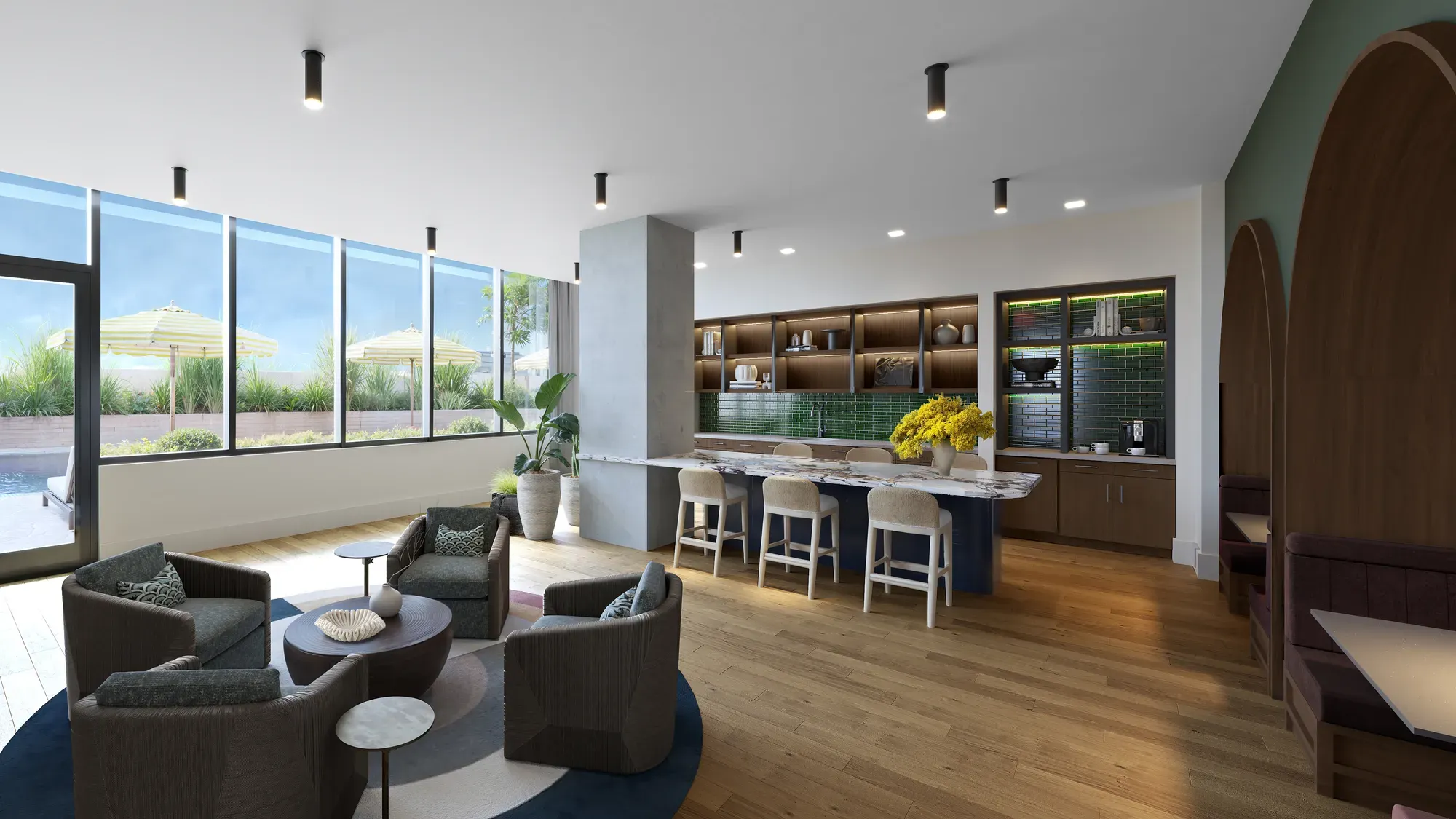 Contemporary clubroom featuring a bar island with stool seating and a plush armchair lounge area.