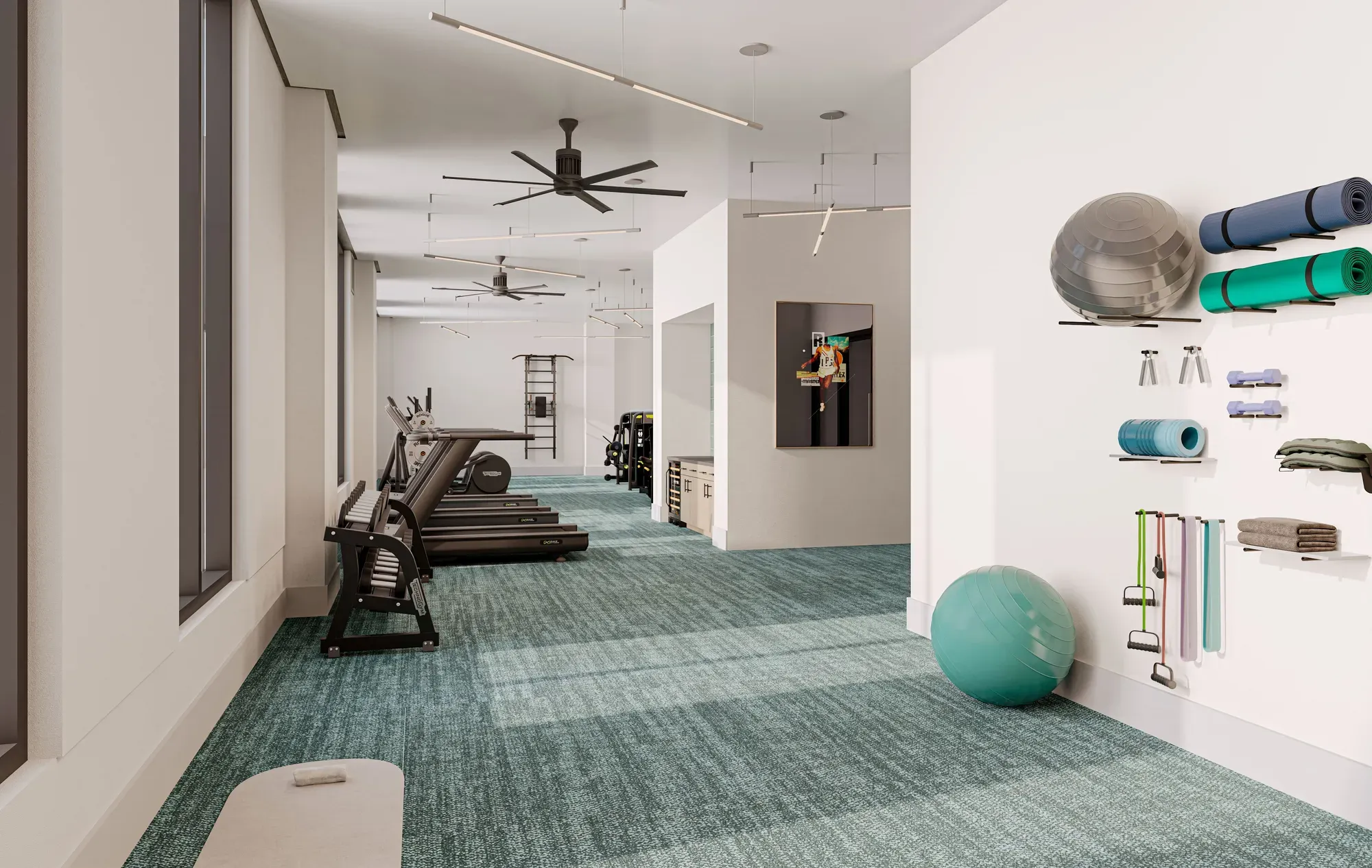 Modern indoor fitness center equipped with treadmills, exercise balls, and yoga mats.