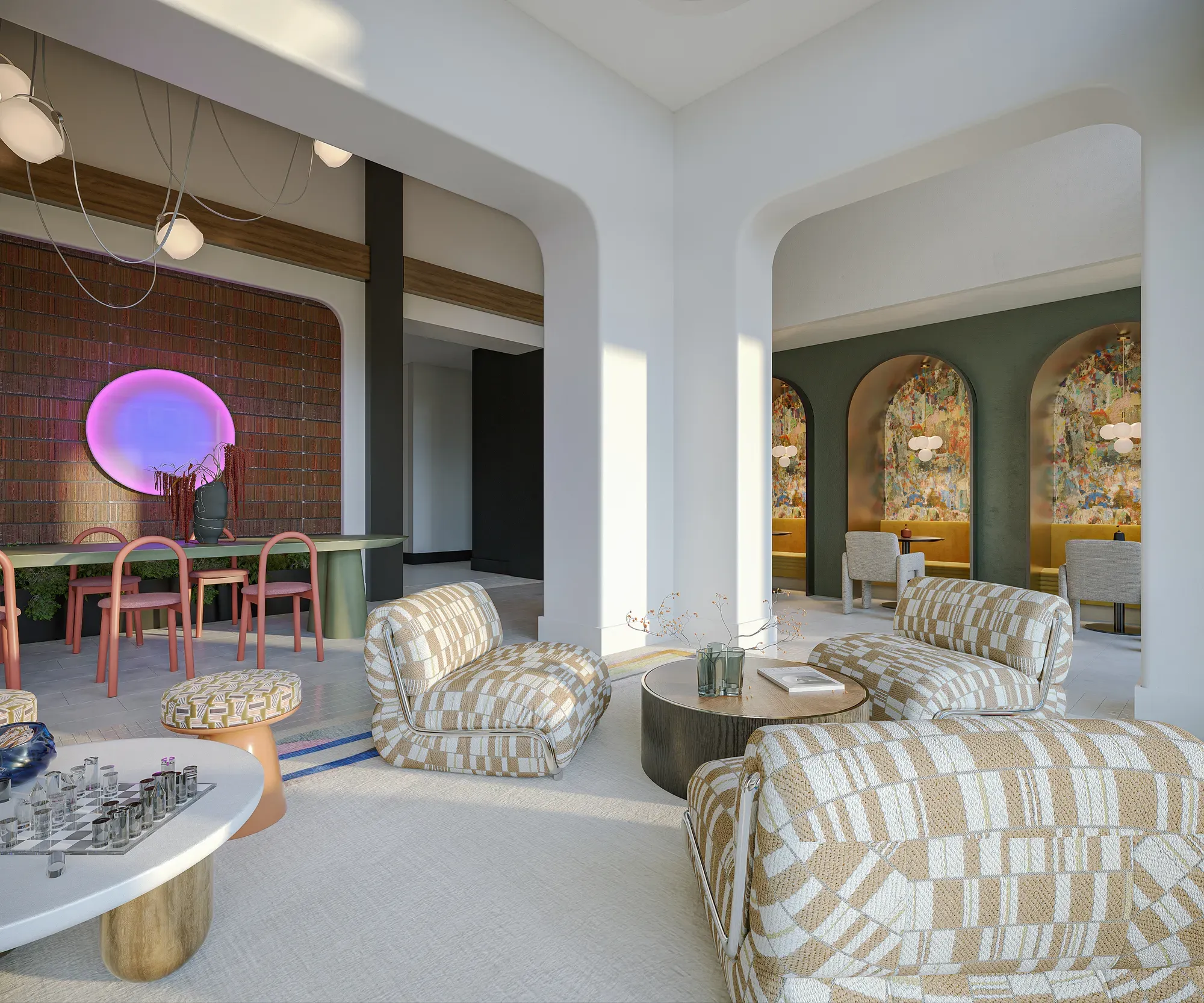 Spacious open-concept living room with patterned sofas and armchairs, a dining area with colorful chairs and a pink neon mirror, and bright natural light.