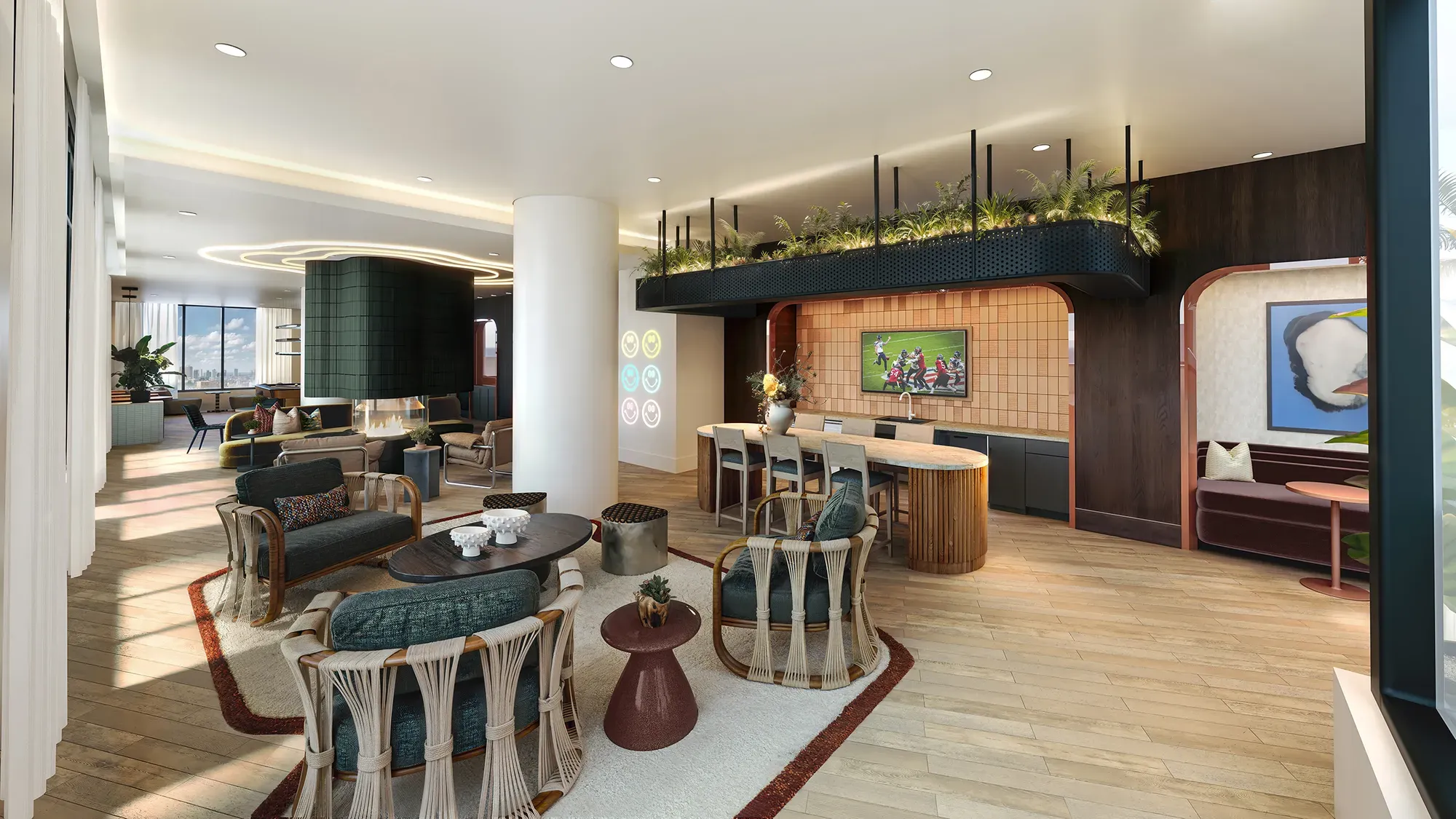 Spacious building lounge featuring an array of armchair seating and a central bar island.