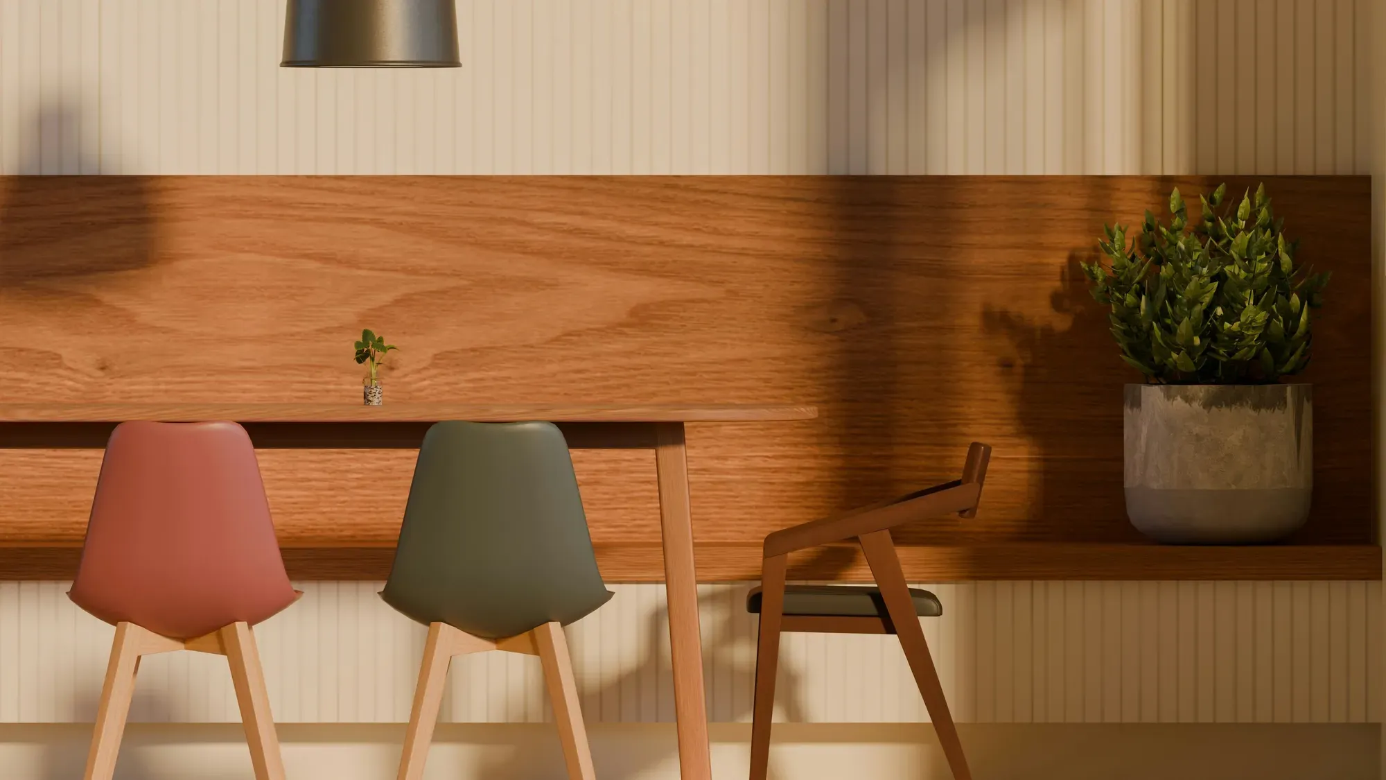Modern minimalist dining space with colorful pink and green chairs against a wooden wall.