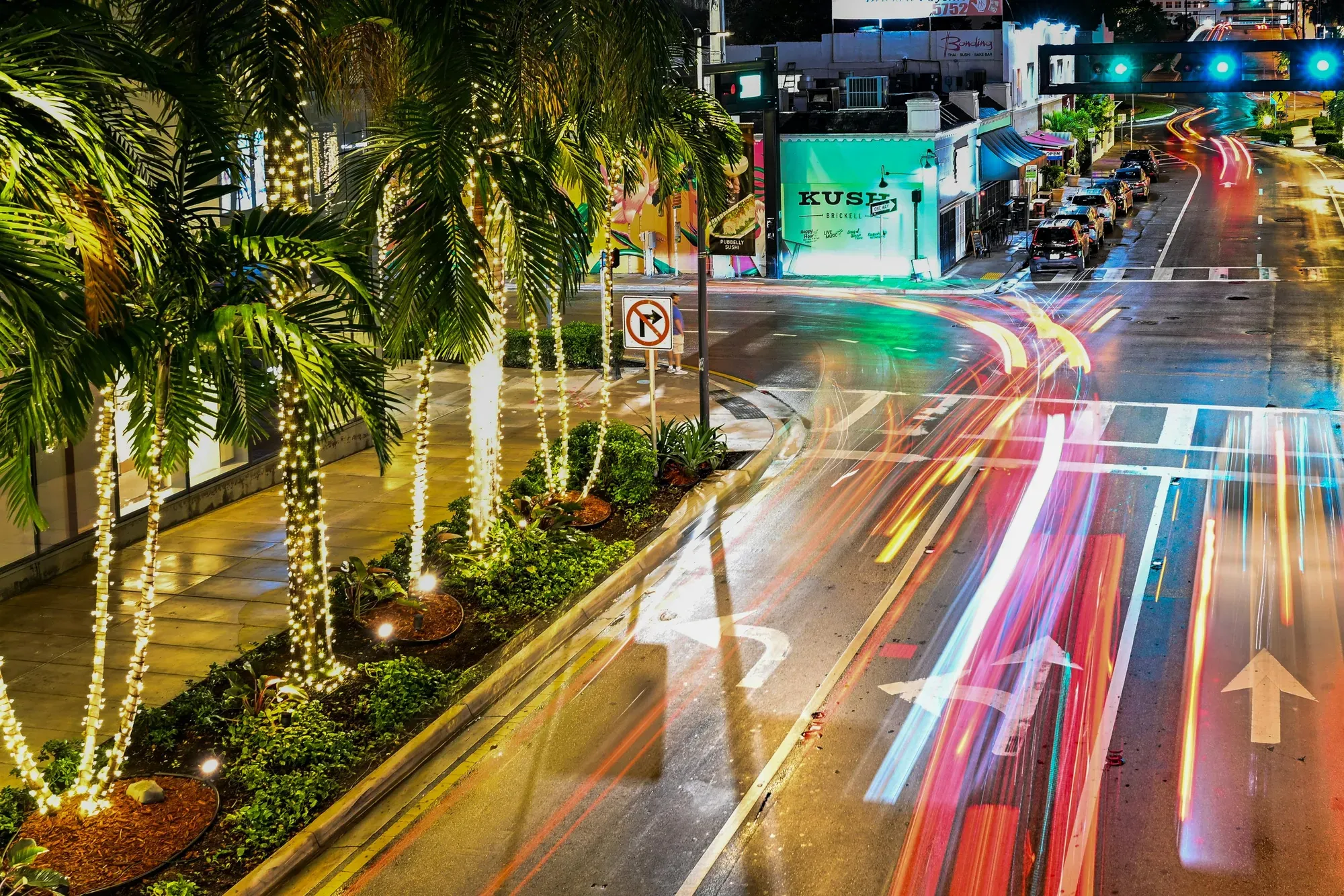 Aerial night shot of a city street with light trails from traffic, palm trees with string lights, and wet pavement reflecting the glow.