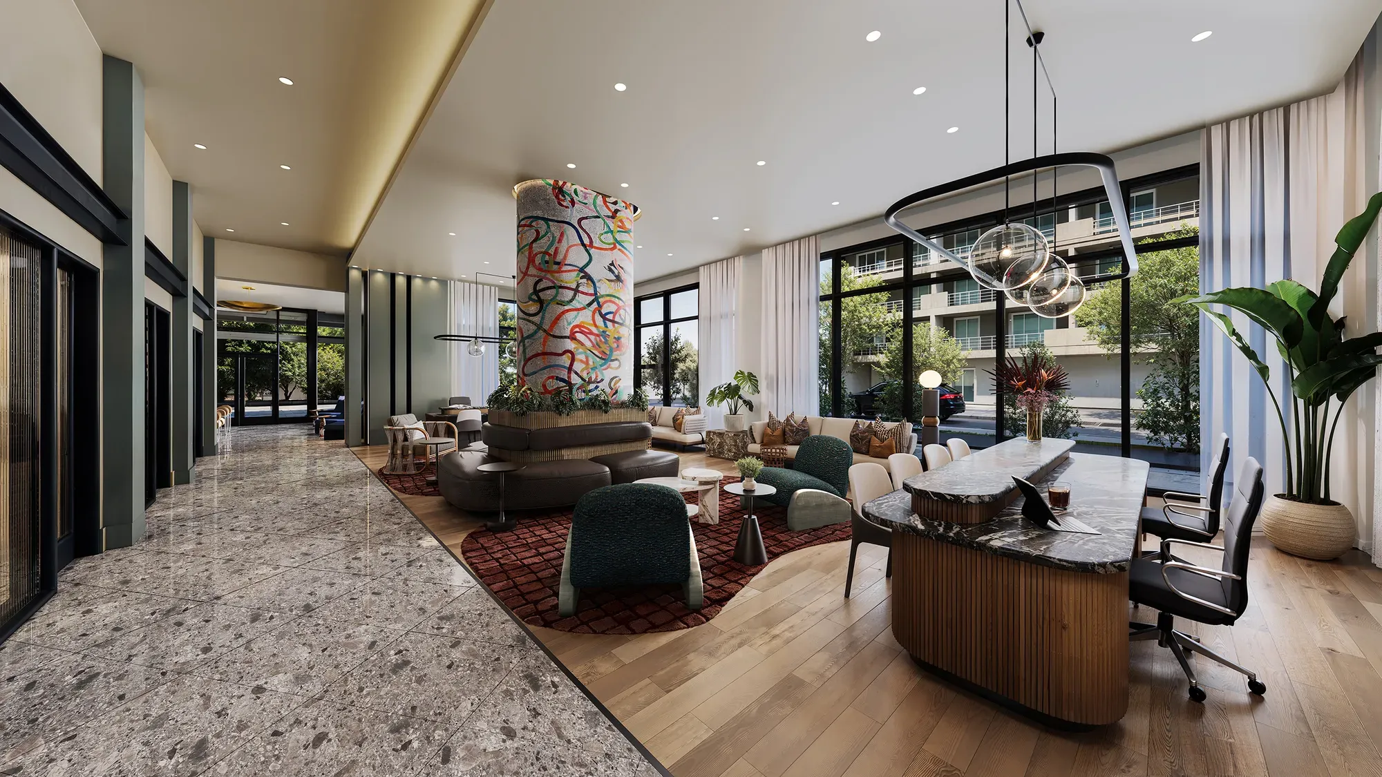 Modern lobby reception desk area with stylish indoor decor.