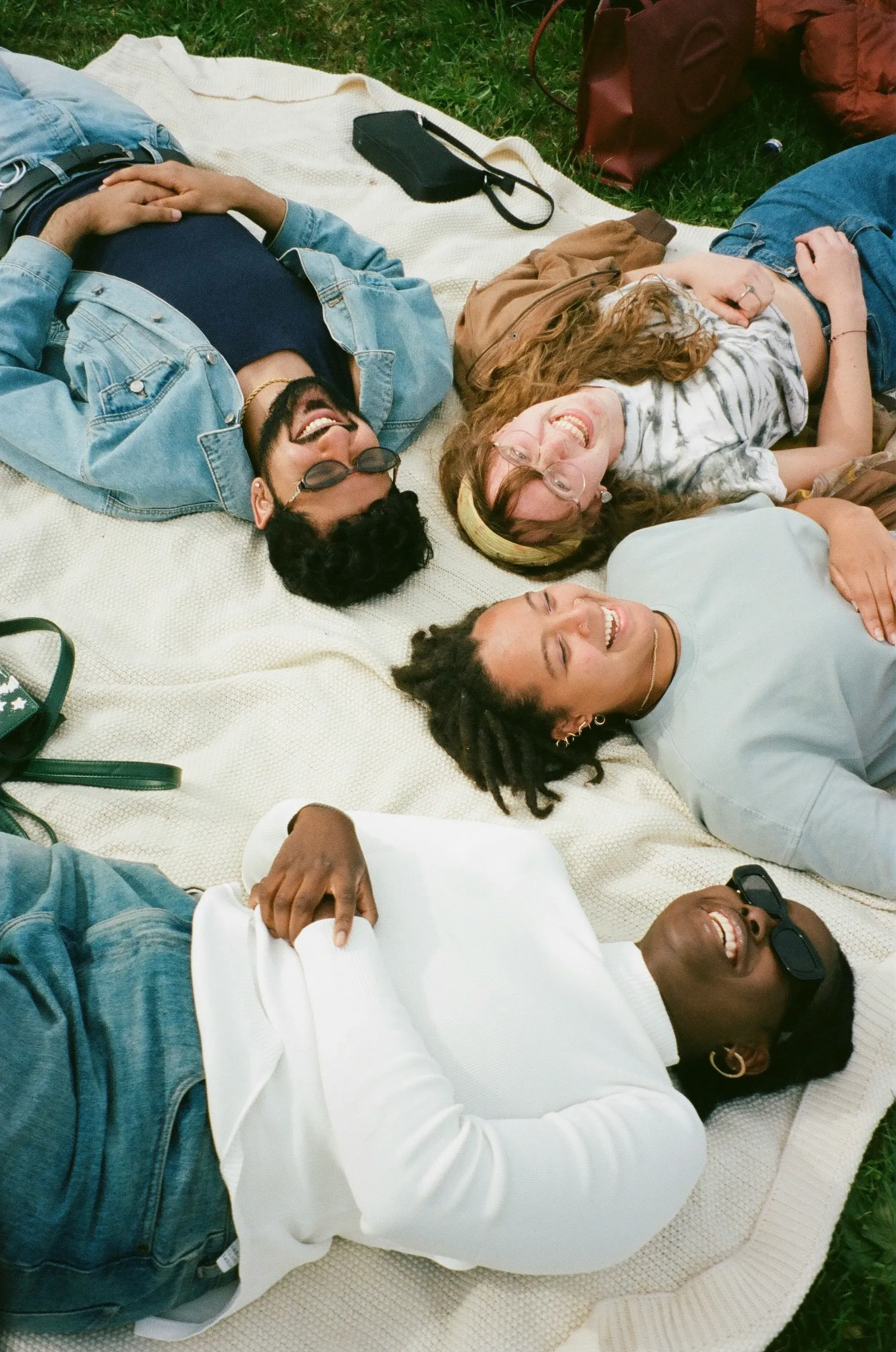 High-angle shot of young adults lying together on a blanket on the grass.